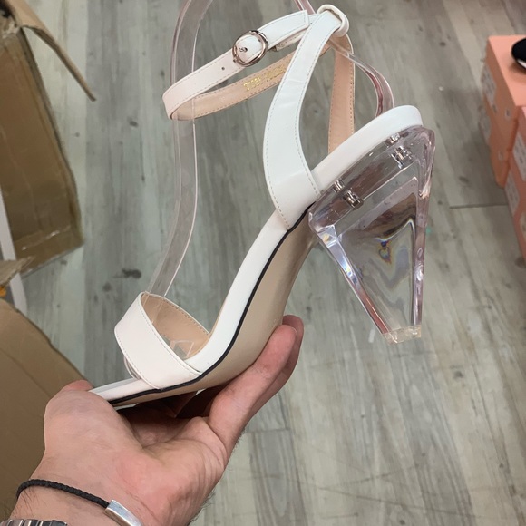 Women Open Toe Sandal Cone Glass Heel in White Faux Leather - Picture 2 of 5